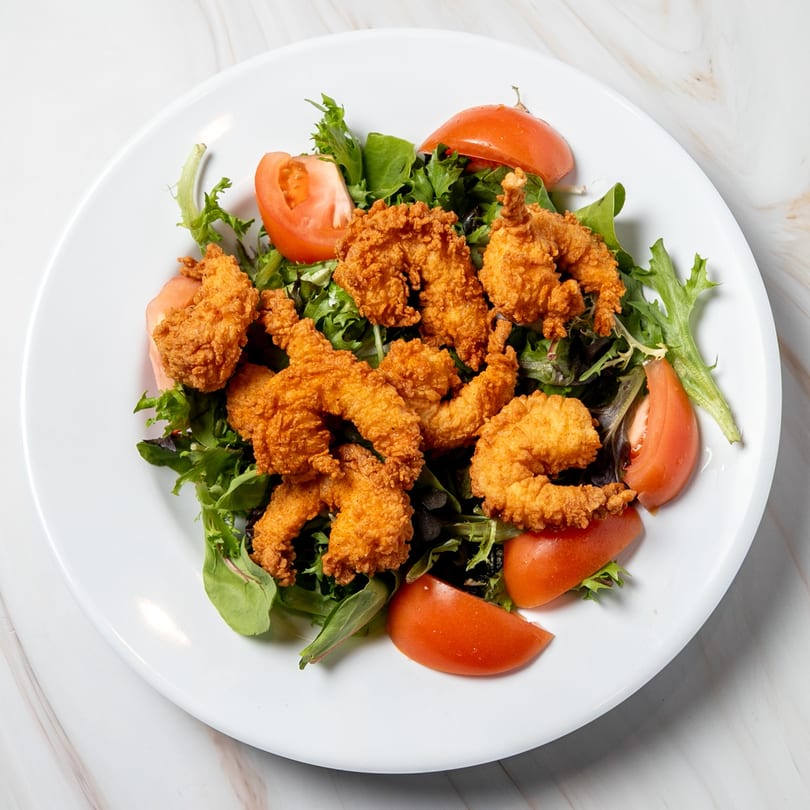 Crispy fried shrimp and tomato wedges on a bed of fresh green lettuce, served on a white plate.